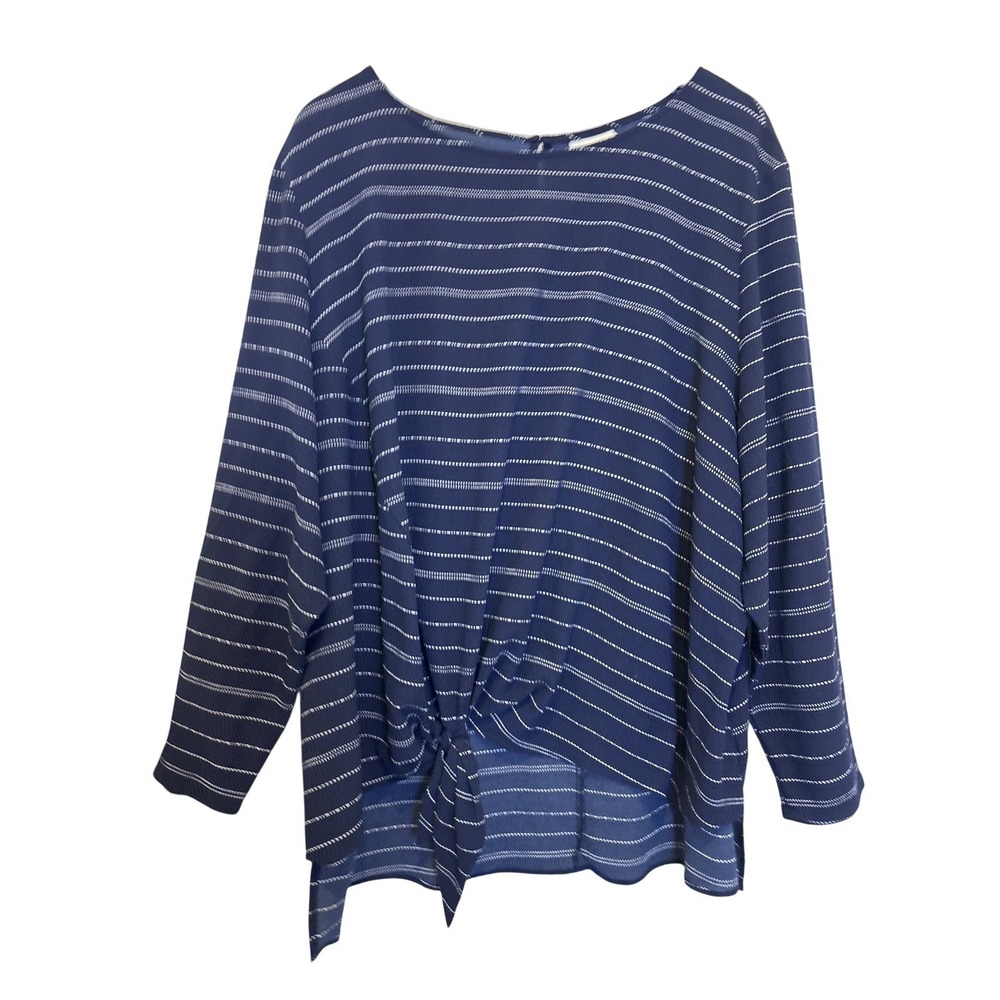 Ava & Viv Blouse Women 4X Navy Blue Plus Striped Front Tie Long Sleeve Top